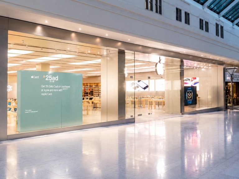 Frameless structural glass storefront of the Apple store in the Harlequin Centre Watford