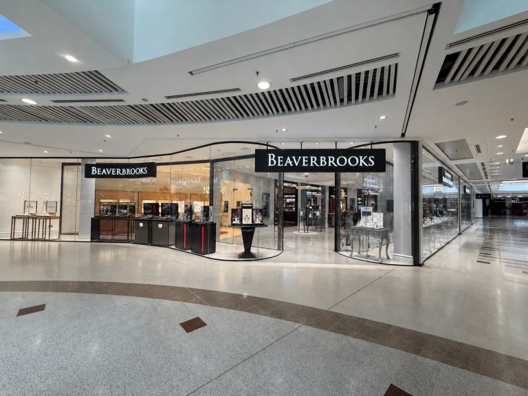 Curved frameless glass storefront of Beaverbrooks the Jewellers at Braehead shopping centre in Glasgow