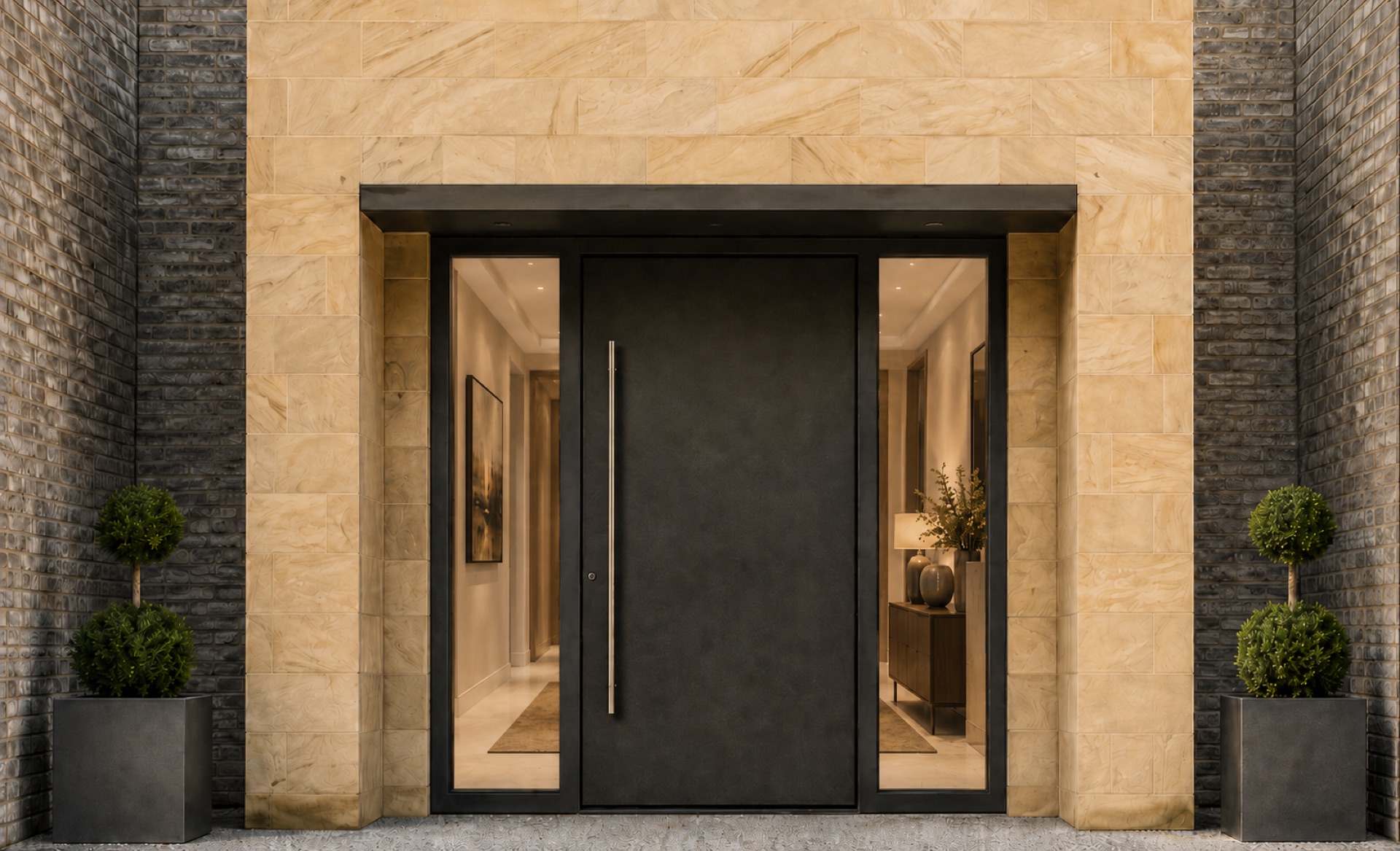 Schüco ADS 70.HI flush-panel aluminium entrance door with glazed side screens in a stone surround