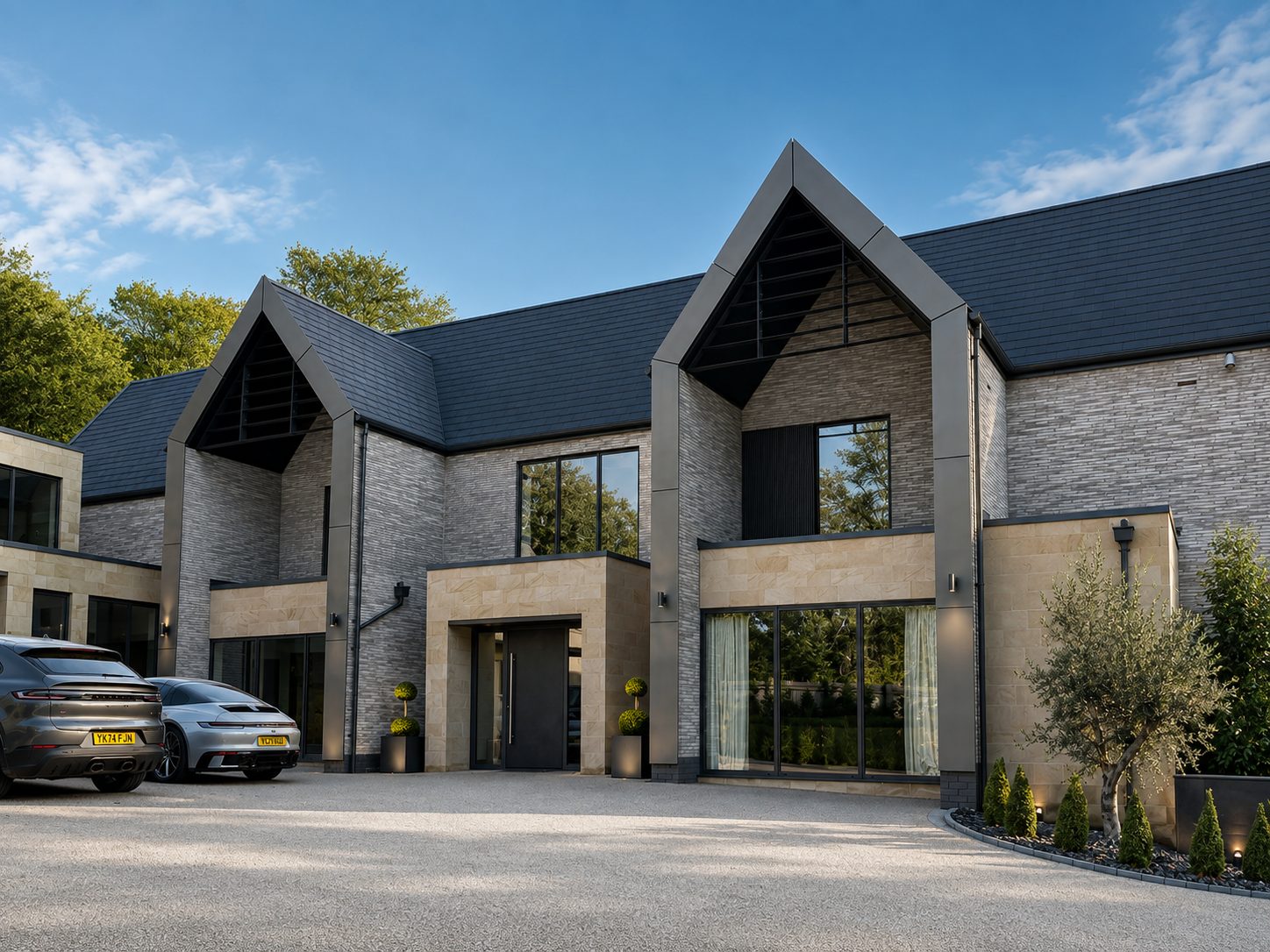 Contemporary stone house with slim-framed aluminium windows and a glazed entrance