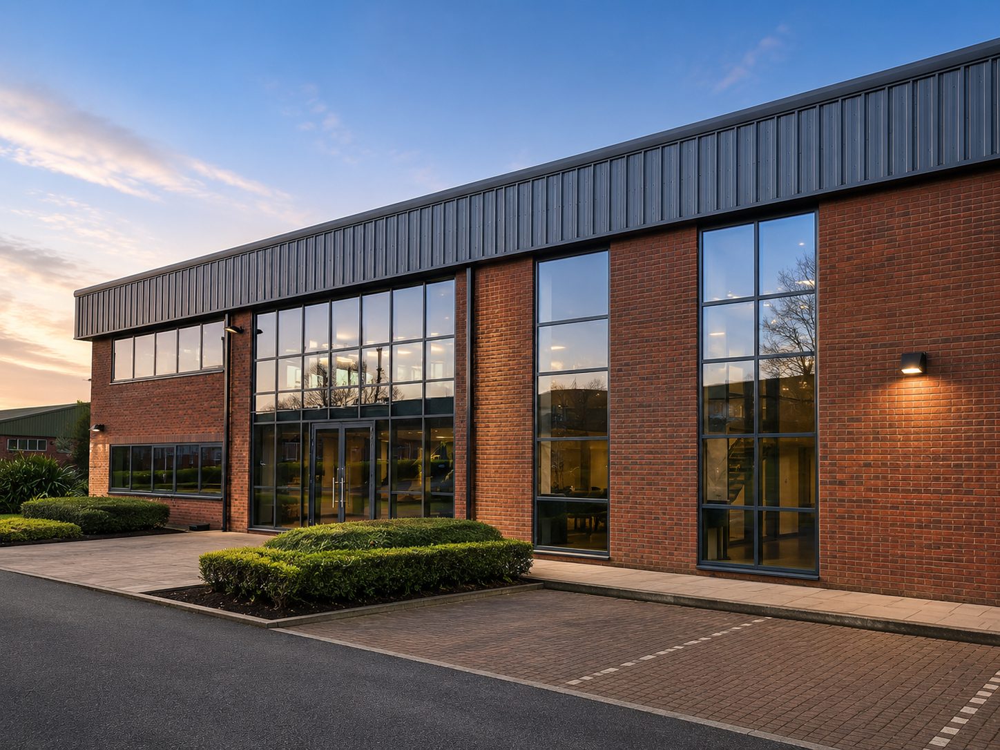 Full-height aluminium curtain walling on a red brick office building