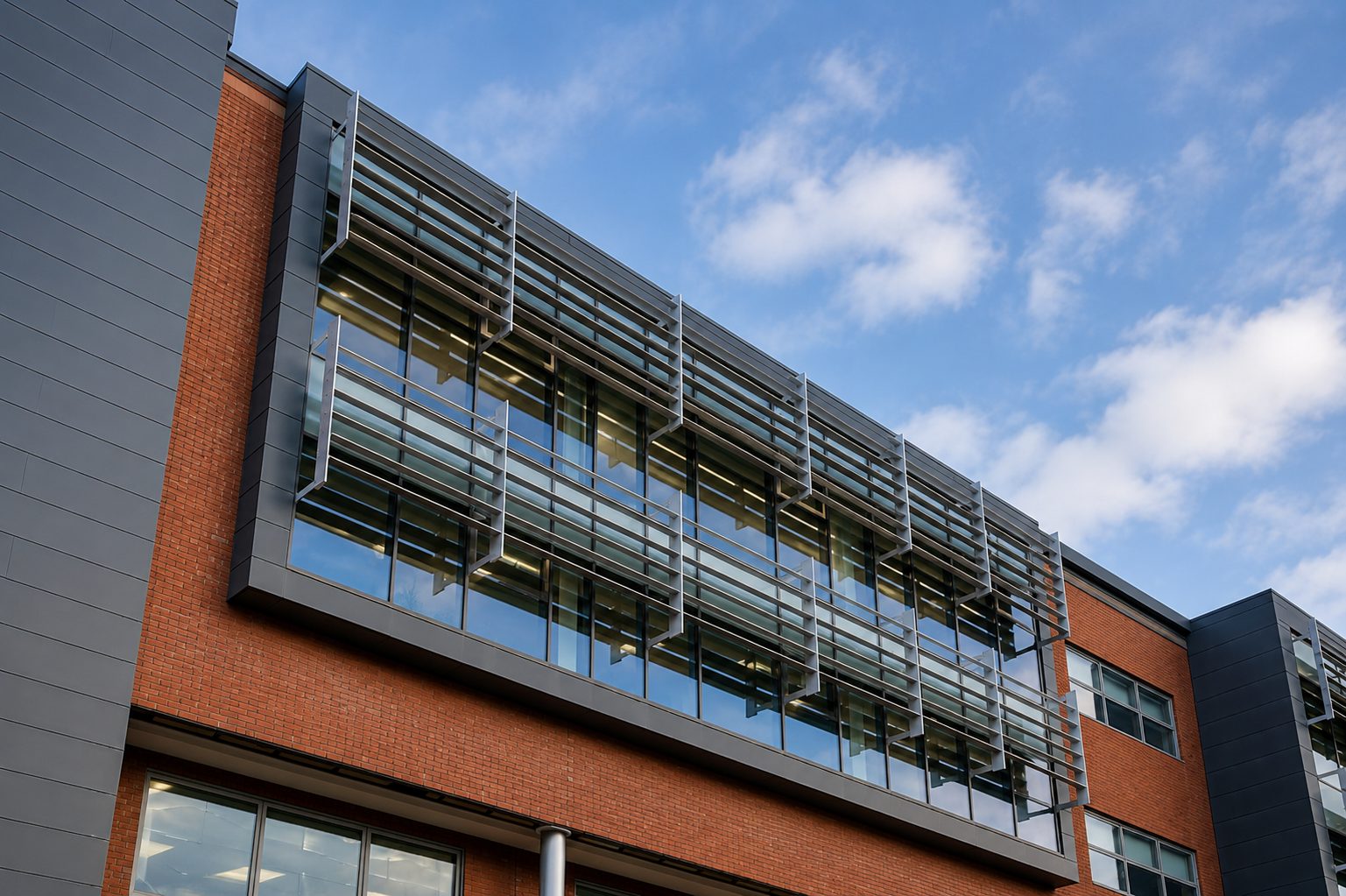 Aluminium curtain walling with external solar shading on a brick college building