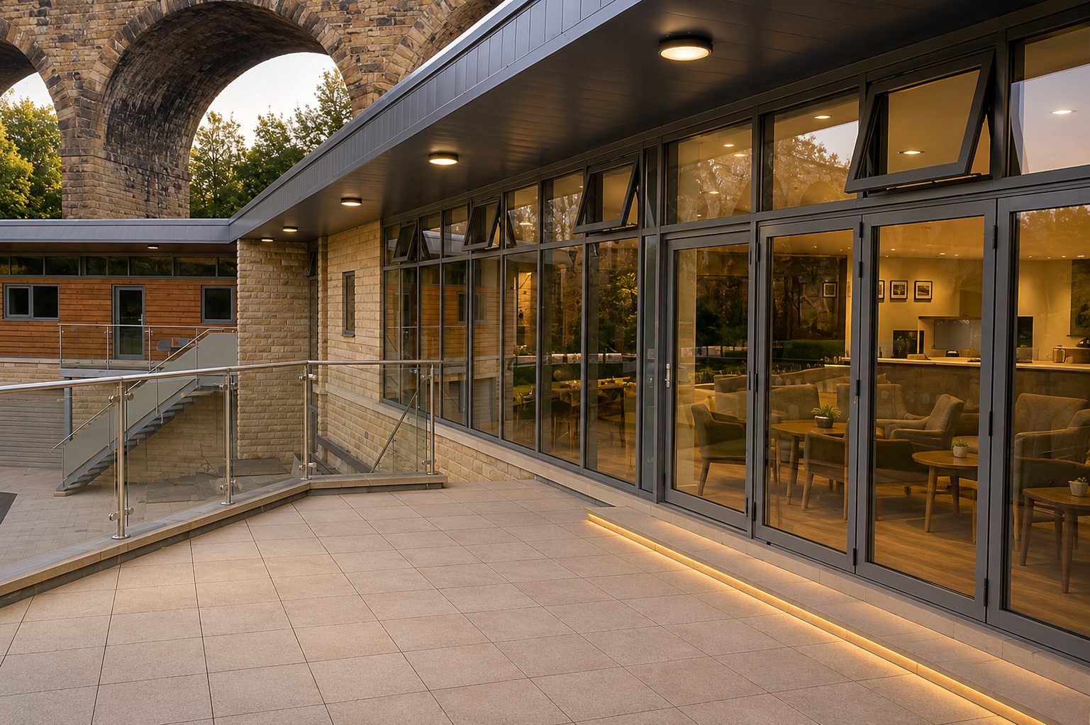 Aluminium curtain walling and glazed doors onto a terrace with glass balustrade, railway viaduct behind