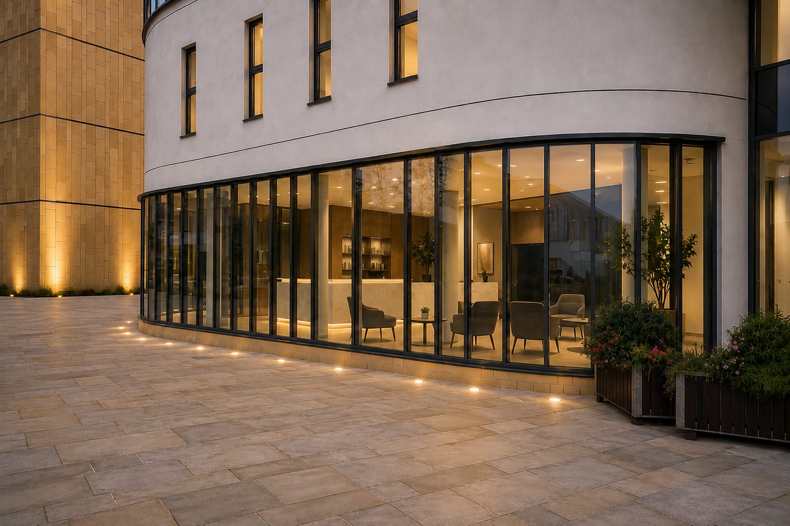 Curved aluminium curtain walling on a ground-floor lounge lit at dusk