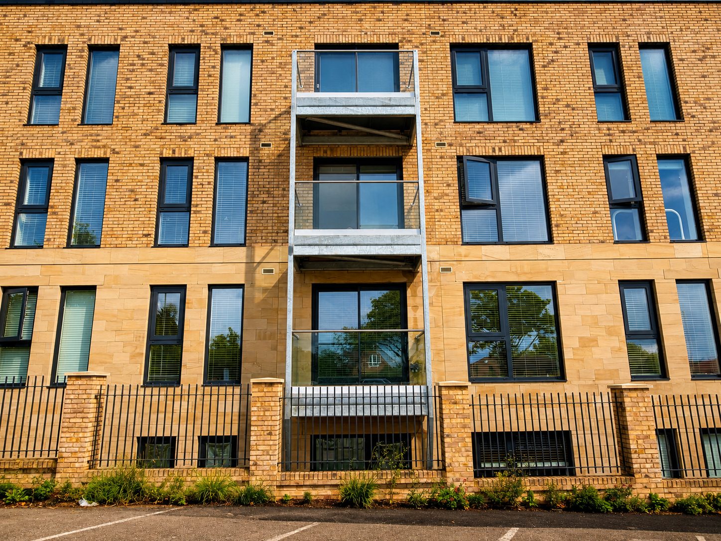 Glass Juliet balconies and aluminium windows on a brick apartment block