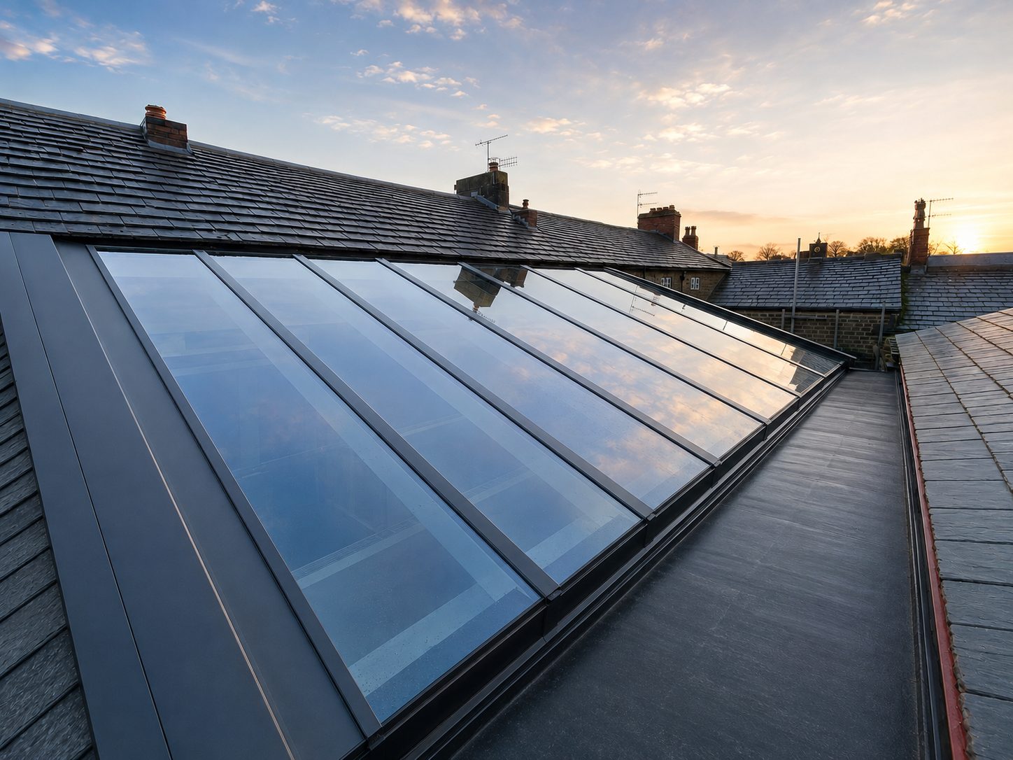 Multi-panel pitched rooflight in a slate roof at sunset
