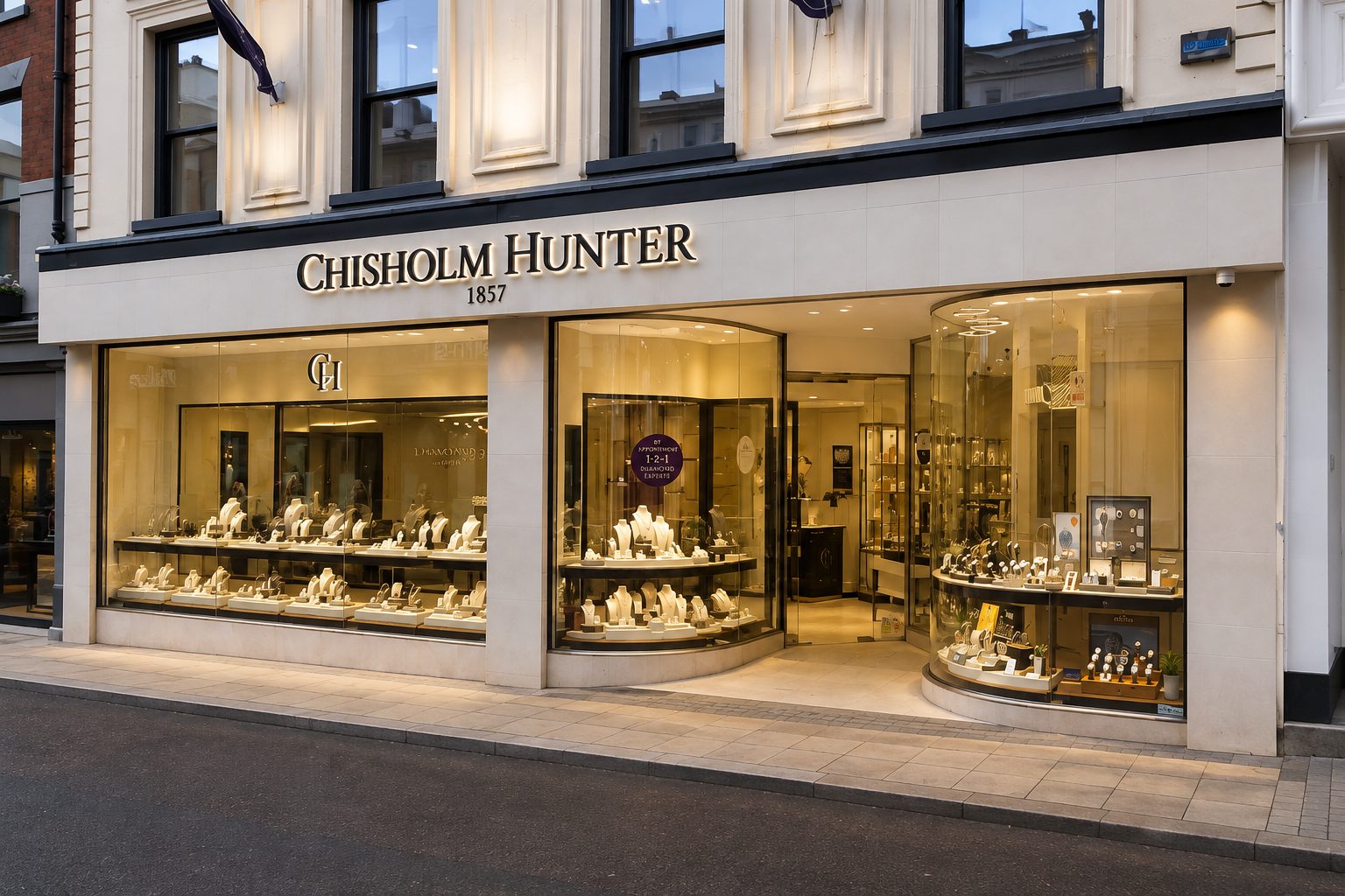 Curved glass jewellers shopfront with slim aluminium framing on a pedestrian street