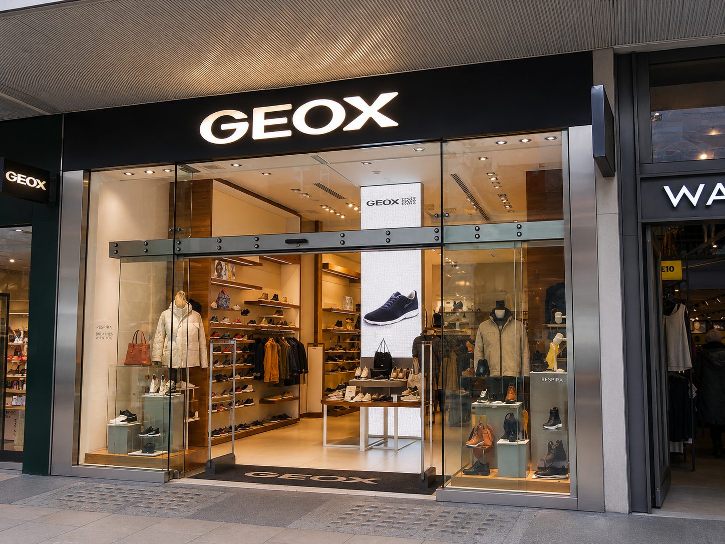 Frameless glass shopfront with pivot doors in a shopping centre
