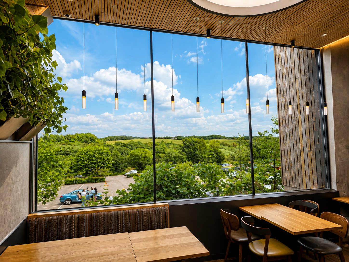 Structural glazing to a cafe interior with views over countryside