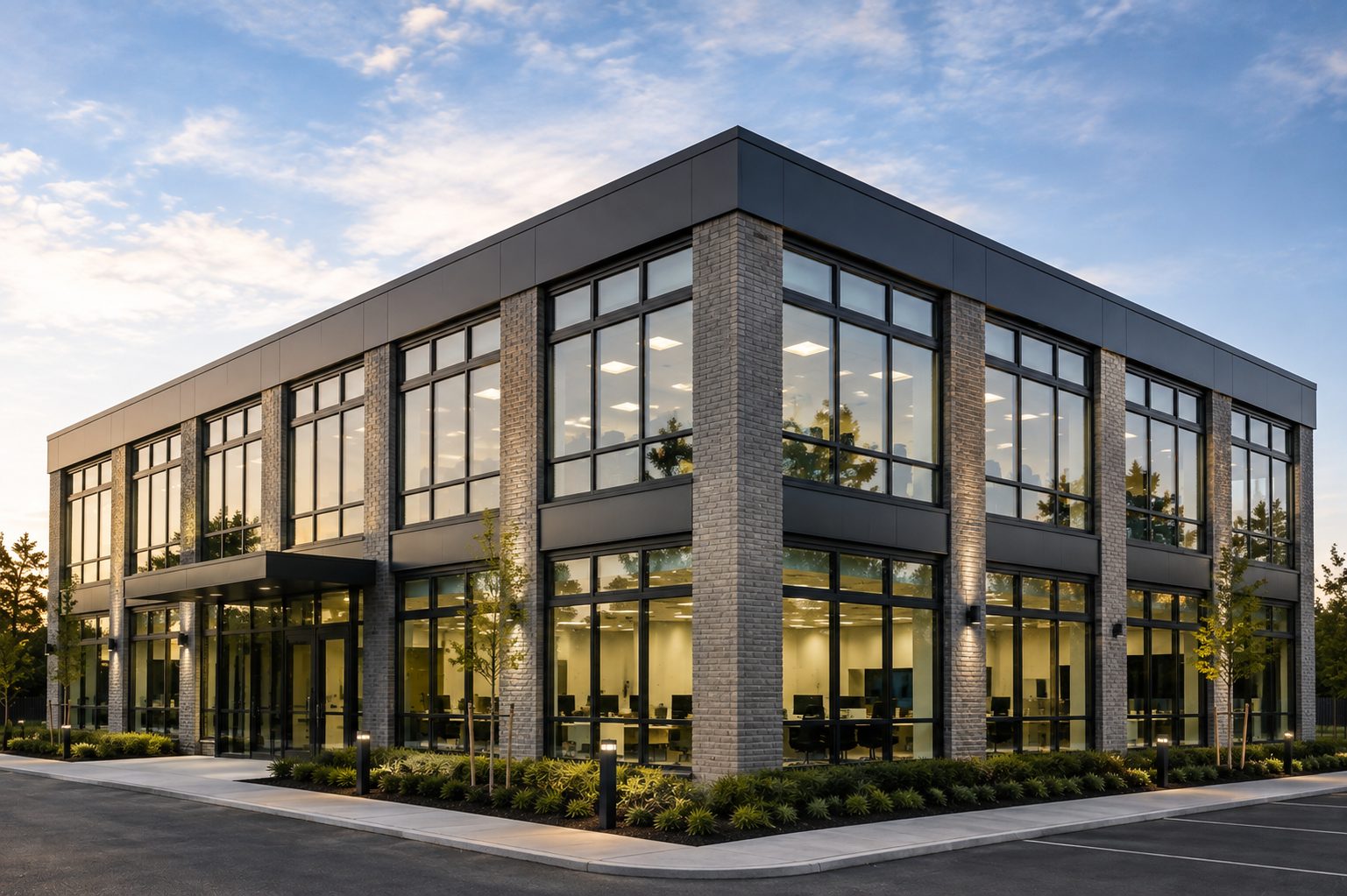 Two-storey office building with aluminium windows and curtain walling