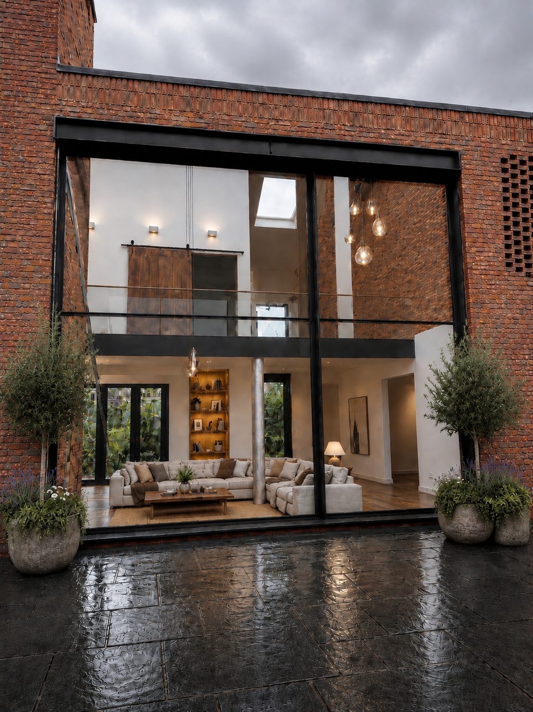 Double-height structural glazing in a brick house with a wet-room courtyard