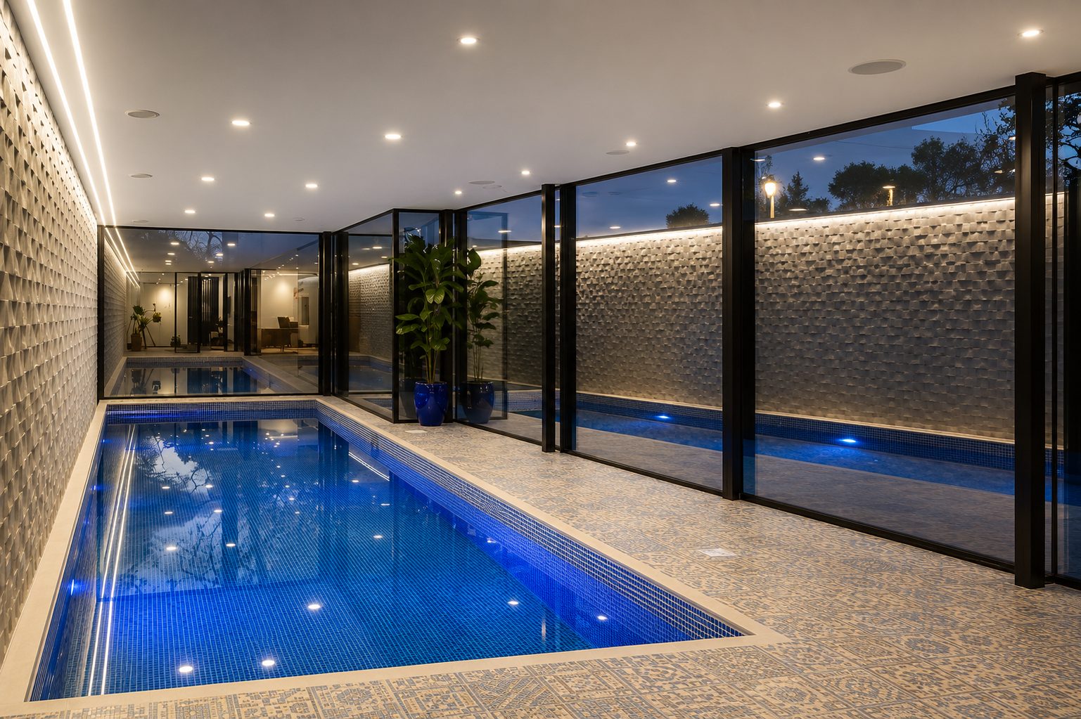Indoor swimming pool with full-height structural glazing at night