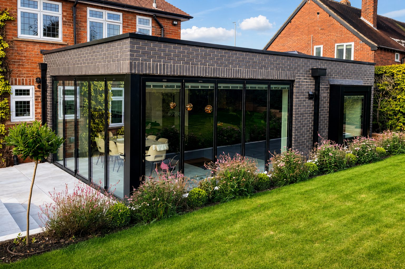 Aluminium bifolding doors on a grey brick flat-roof extension opening onto a garden