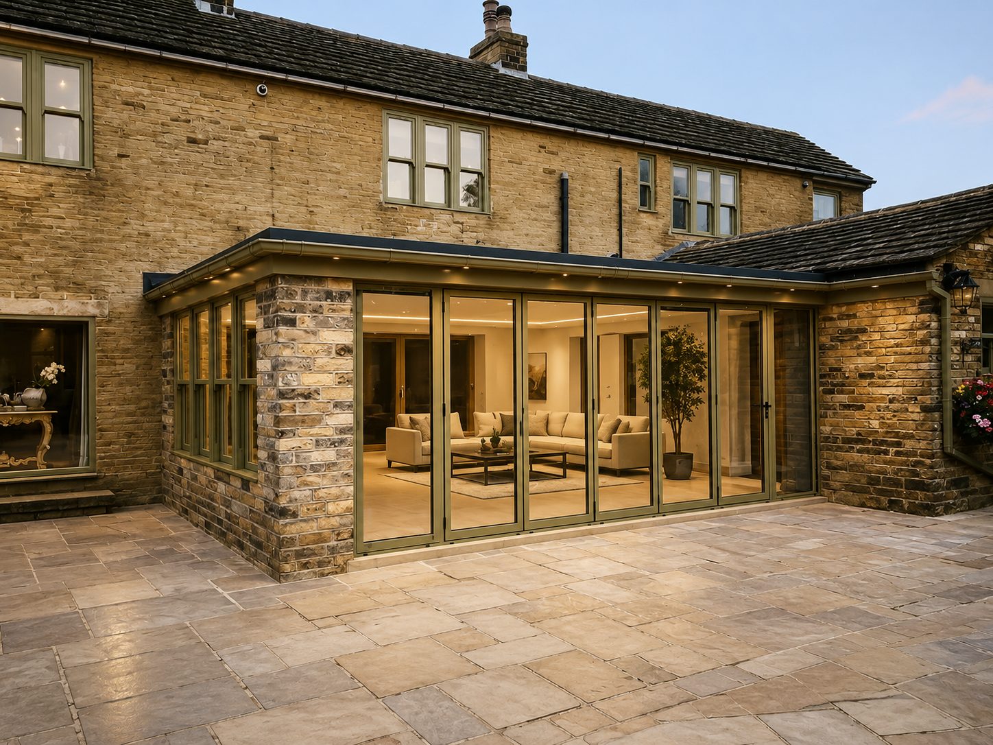 Aluminium bifolding doors lit from inside on a stone cottage extension at dusk