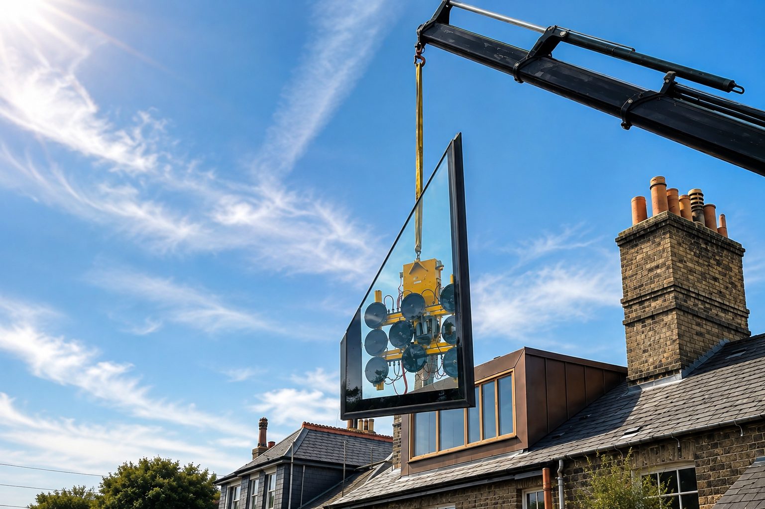 Crane lifting a large glass unit over rooftops to a domestic installation
