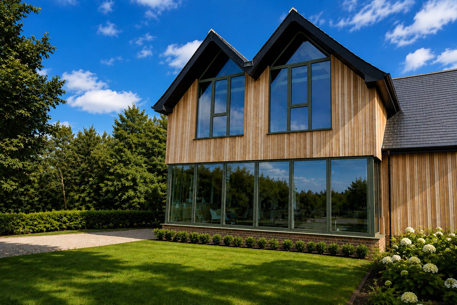 Aluminium curtain walling on a timber-clad house with twin gables