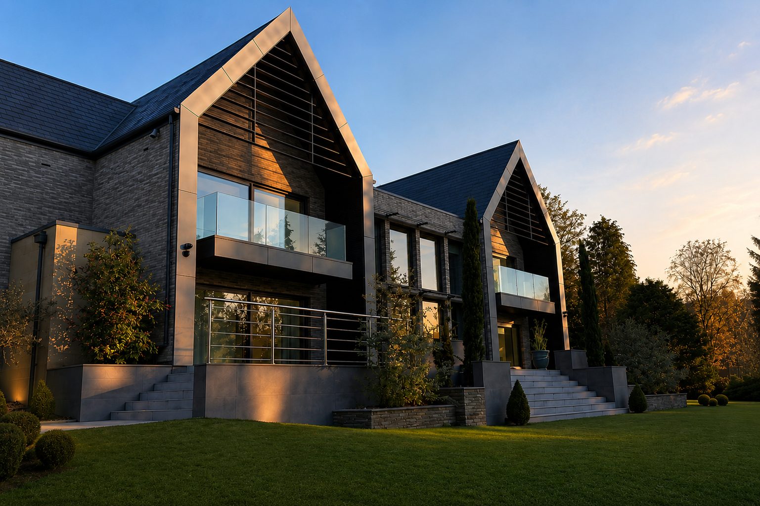 Frameless glass balustrades on the balconies of a twin-gable house at dusk