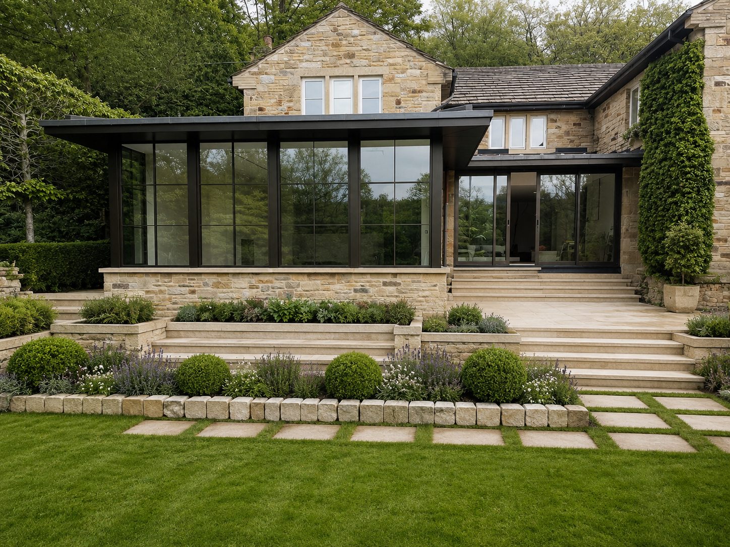 Glazed aluminium extension on a stone house overlooking a lawn