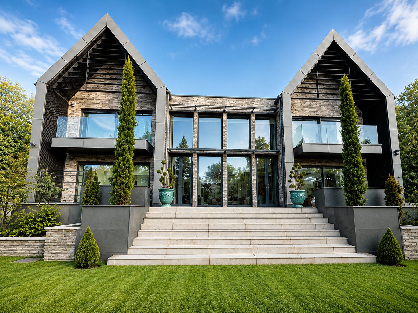 Twin-gable home in Ilkley with full-height aluminium glazing and glass balustrades