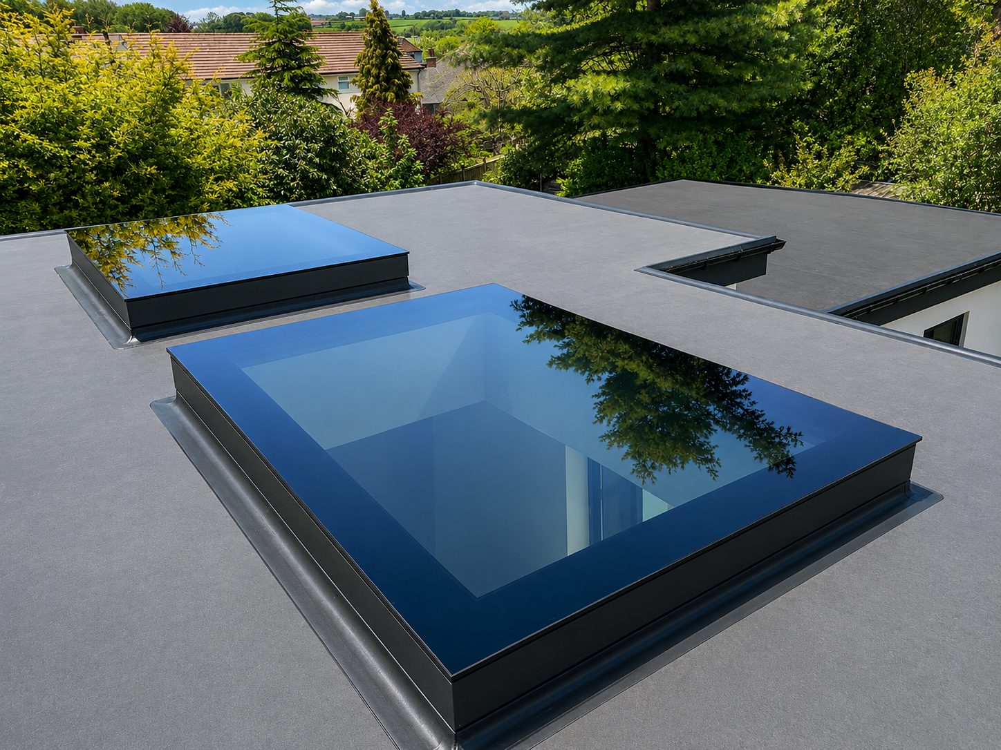 Pair of frameless flat rooflights on a domestic flat roof