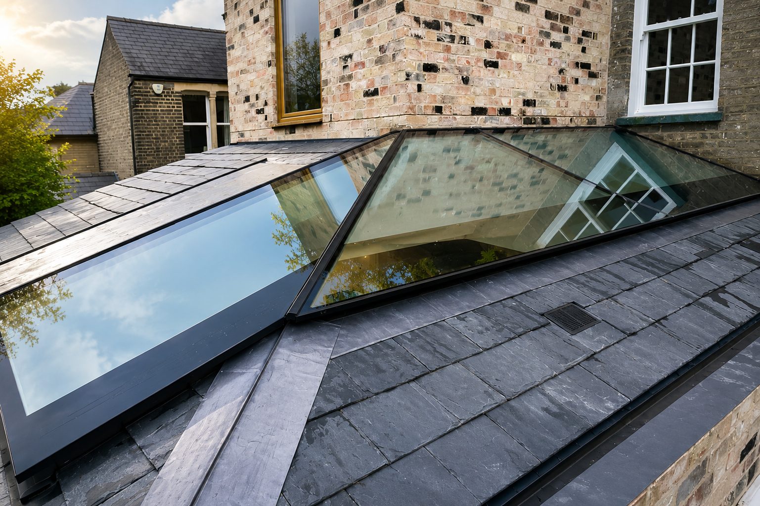 Pitched glass rooflight set into a slate roof on a stone house