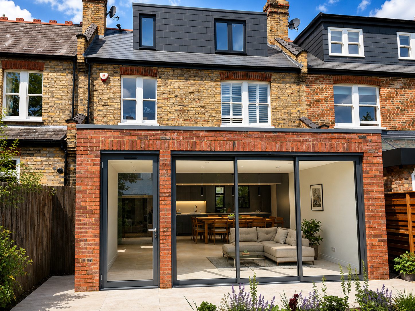 Rear extension on a London brick house with wide aluminium sliding doors