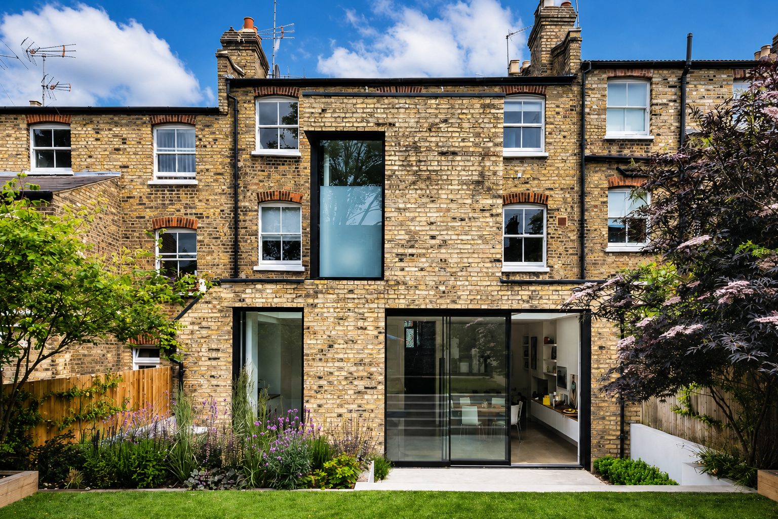 Slim-framed aluminium sliding doors on a Victorian terrace rear extension opening onto a lawn