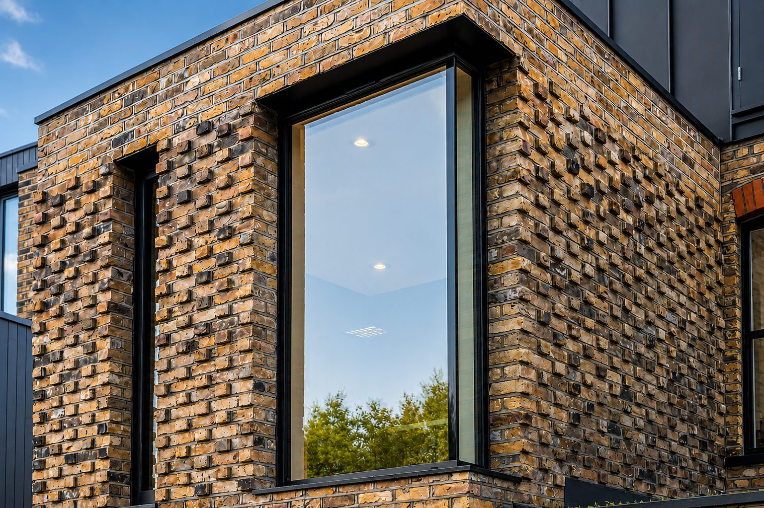 Slim aluminium windows set in a hit-and-miss brick facade