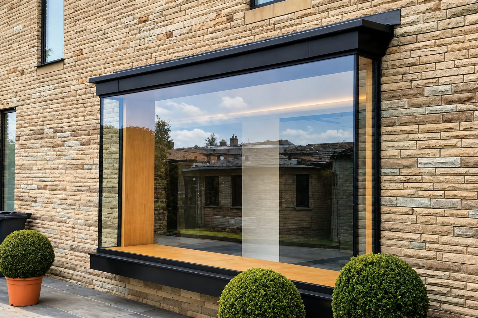 Aluminium-framed structural oriel box window projecting from a stone wall