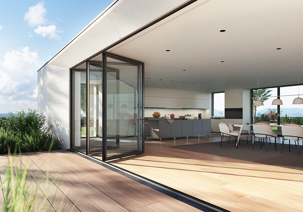 Schüco aluminium bifolding doors opening onto a terrace