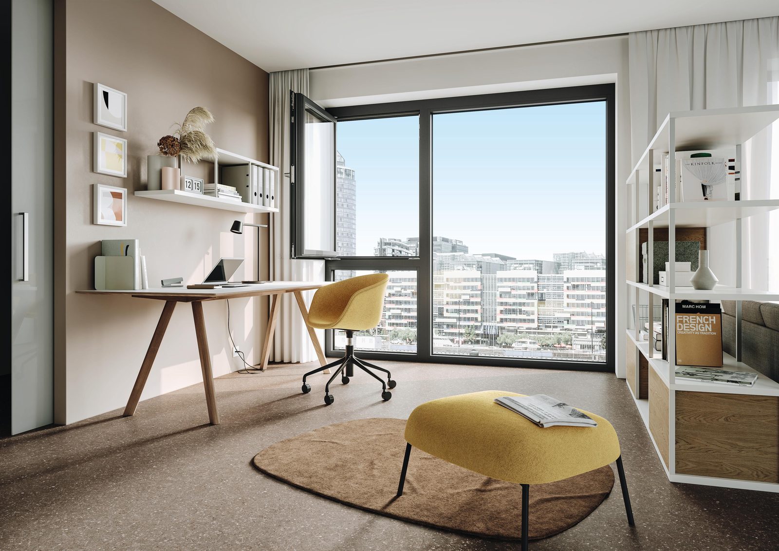 Schüco aluminium window and balcony door in a home office